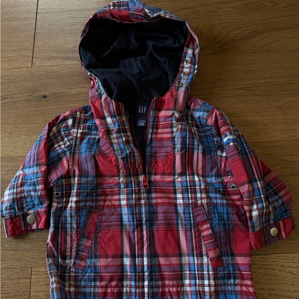 Gap babygap white Red Blue Plaid Hooded 100% cotton Jacket 12m 18m with zipper